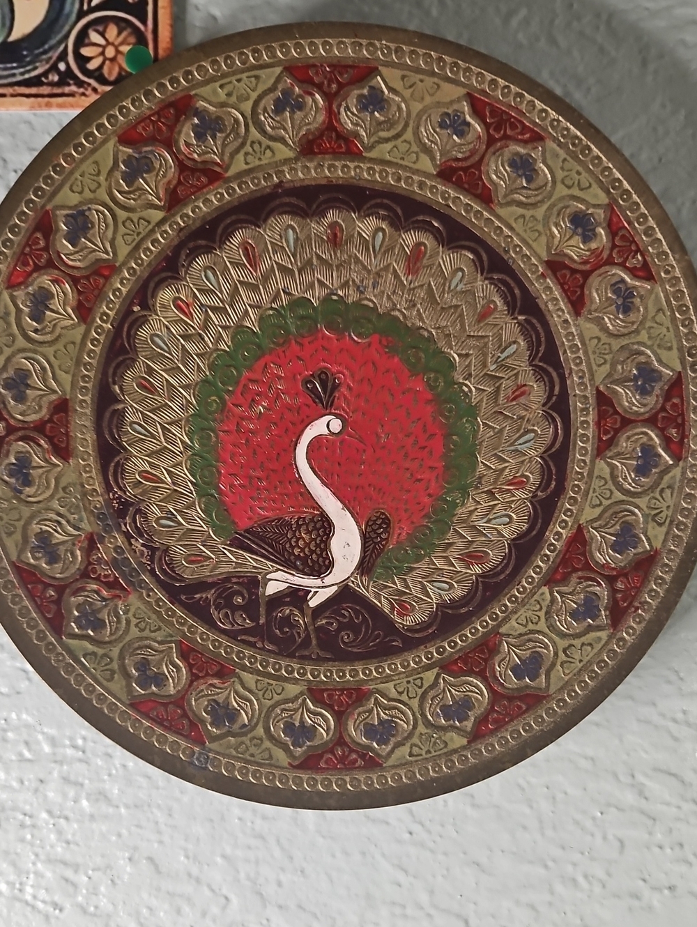 Decorative Peacock Wall Plate - Red and Gold Home Wall Decor